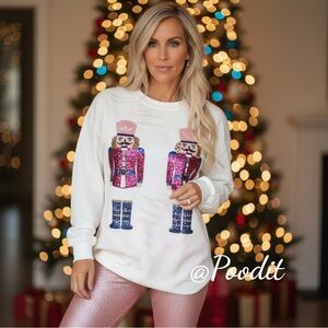 POODIT White corded sequin nutcracker holiday top Sz S M L XL 2XL